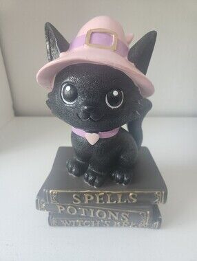 Black Cat Wearing Pink Witches Hat Sitting On Top Of Books Figuring